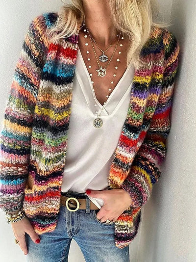 Isolde | Women's Striped Chunky Knit Open Cardigan