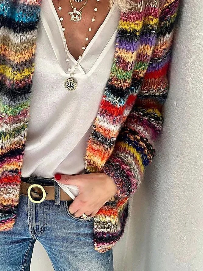 Isolde | Women's Striped Chunky Knit Open Cardigan