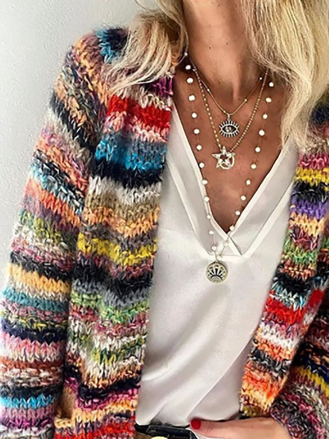 Isolde | Women's Striped Chunky Knit Open Cardigan