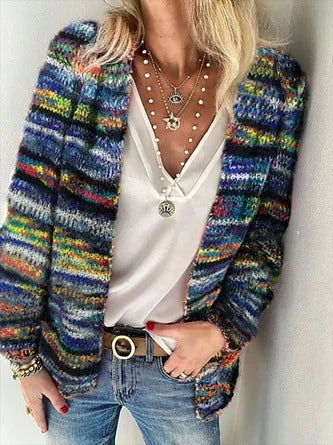 Isolde | Women's Striped Chunky Knit Open Cardigan