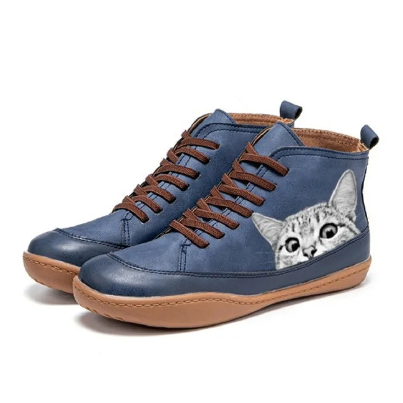 Maribel | Women's Cat Print Lace-Up Ankle Boots