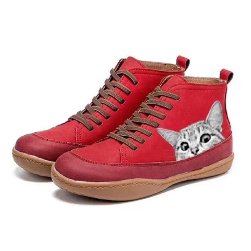 Maribel | Women's Cat Print Lace-Up Ankle Boots