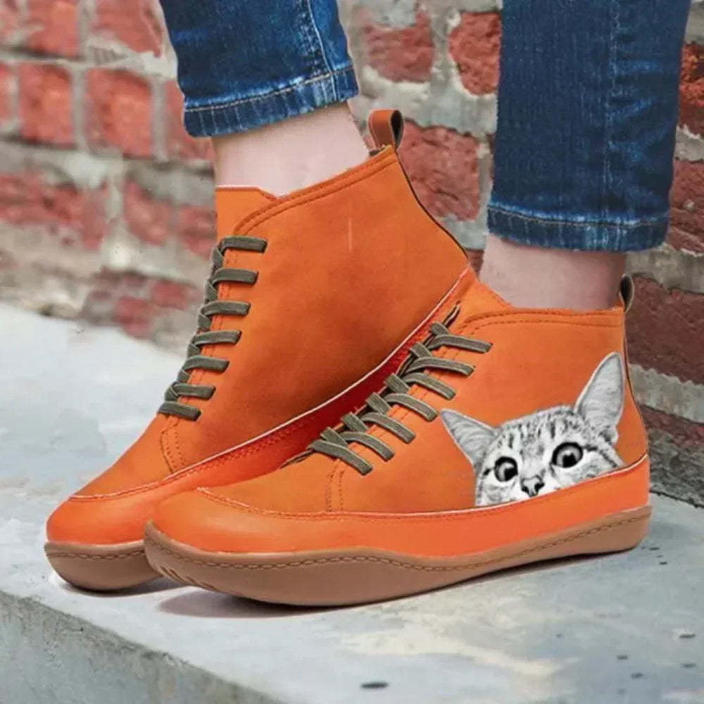 Maribel | Women's Cat Print Lace-Up Ankle Boots