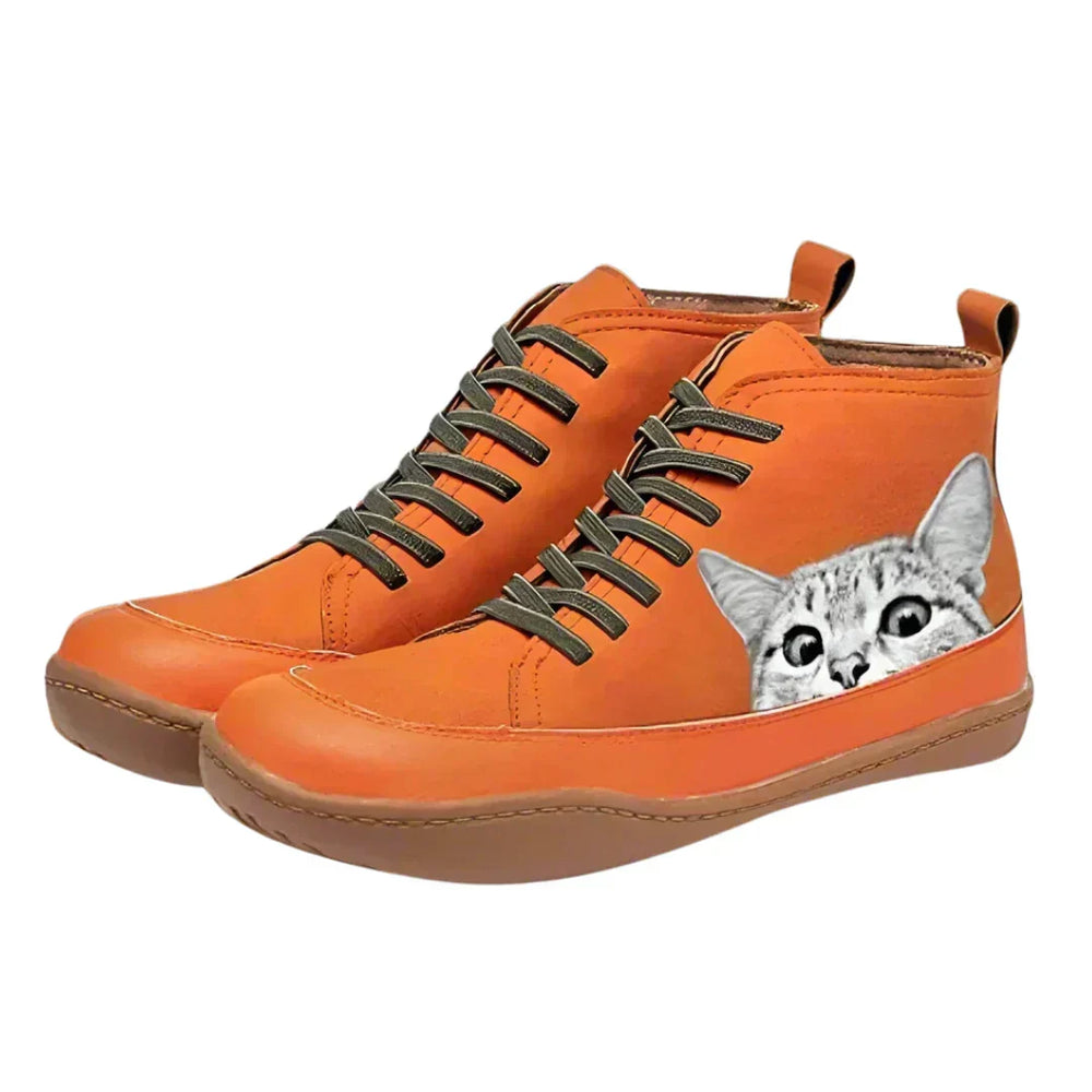 Maribel | Women's Cat Print Lace-Up Ankle Boots