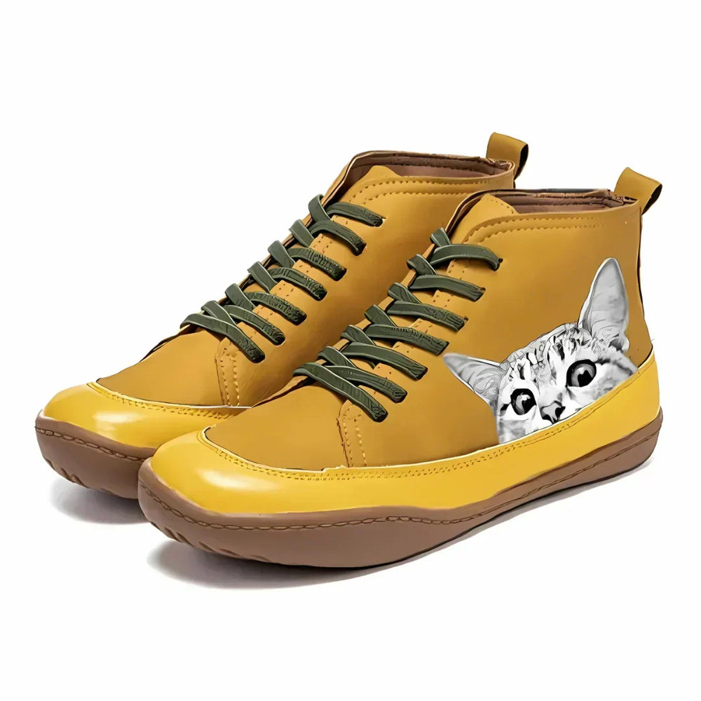 Maribel | Women's Cat Print Lace-Up Ankle Boots