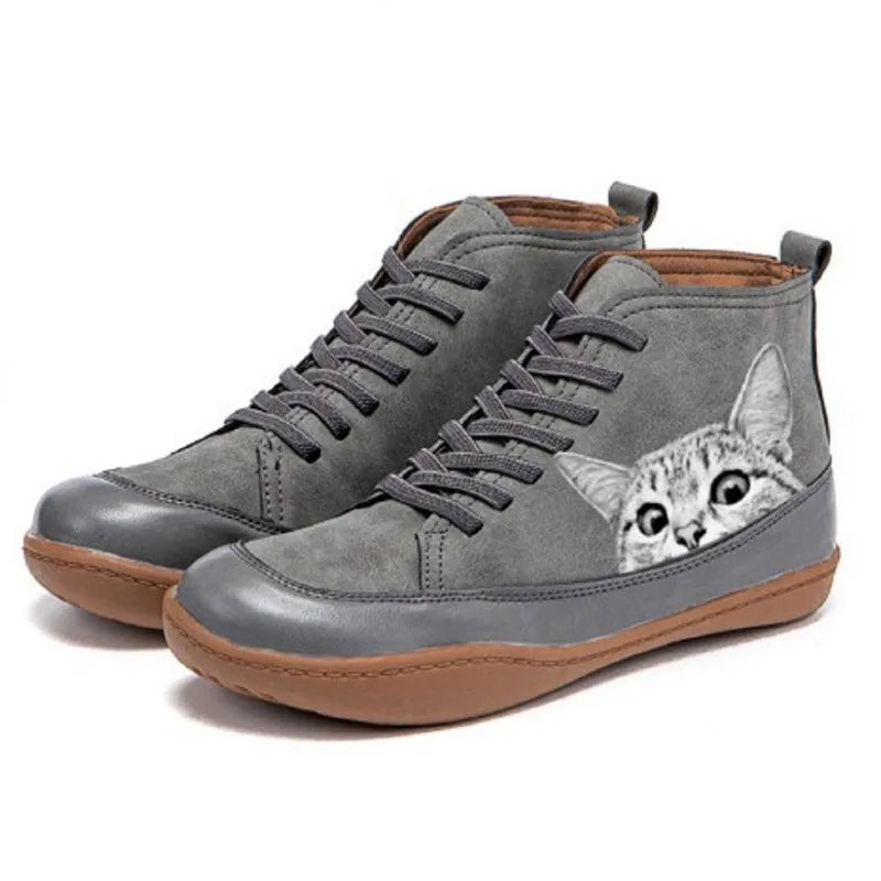Maribel | Women's Cat Print Lace-Up Ankle Boots
