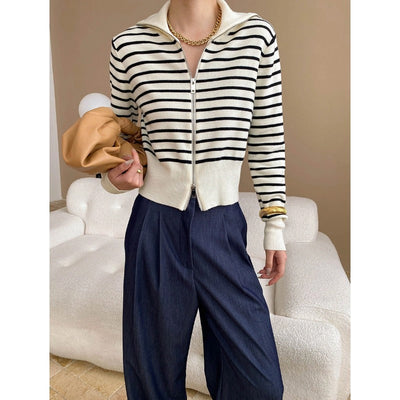 Sabine | Women's Striped High Collar Zip Up Jumper
